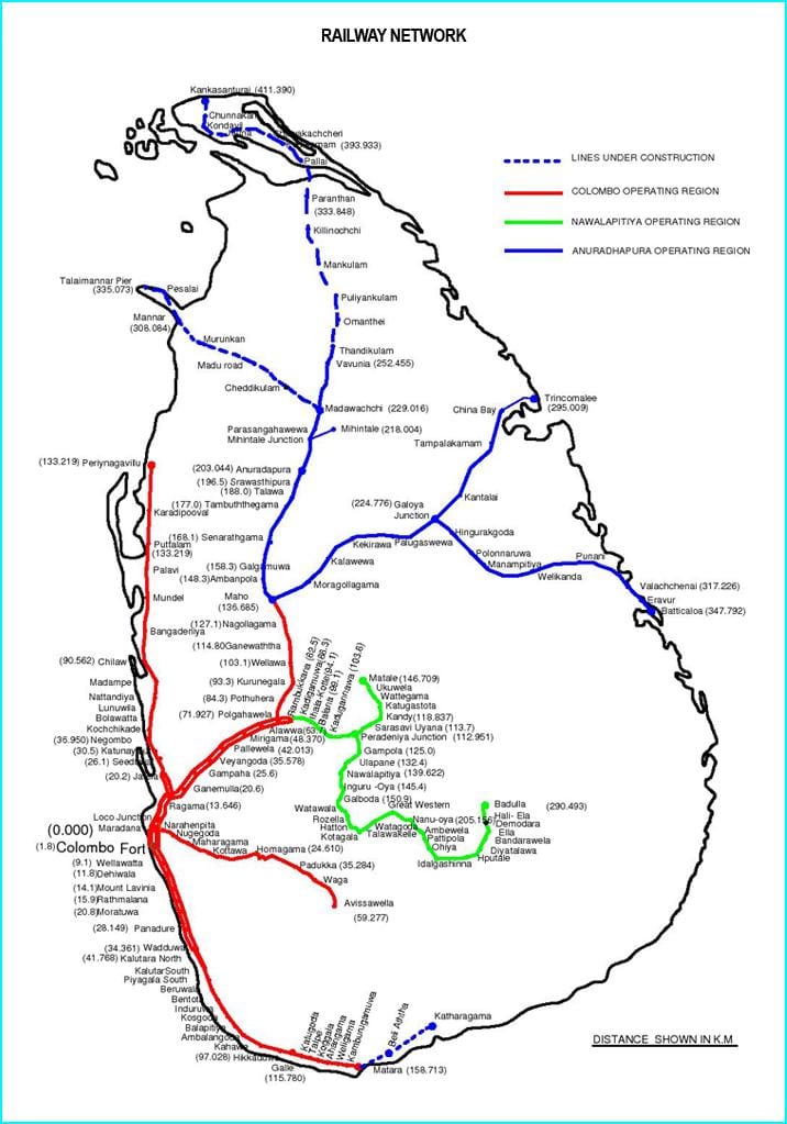 Sri Lanka-i vasúti hálózat térkép