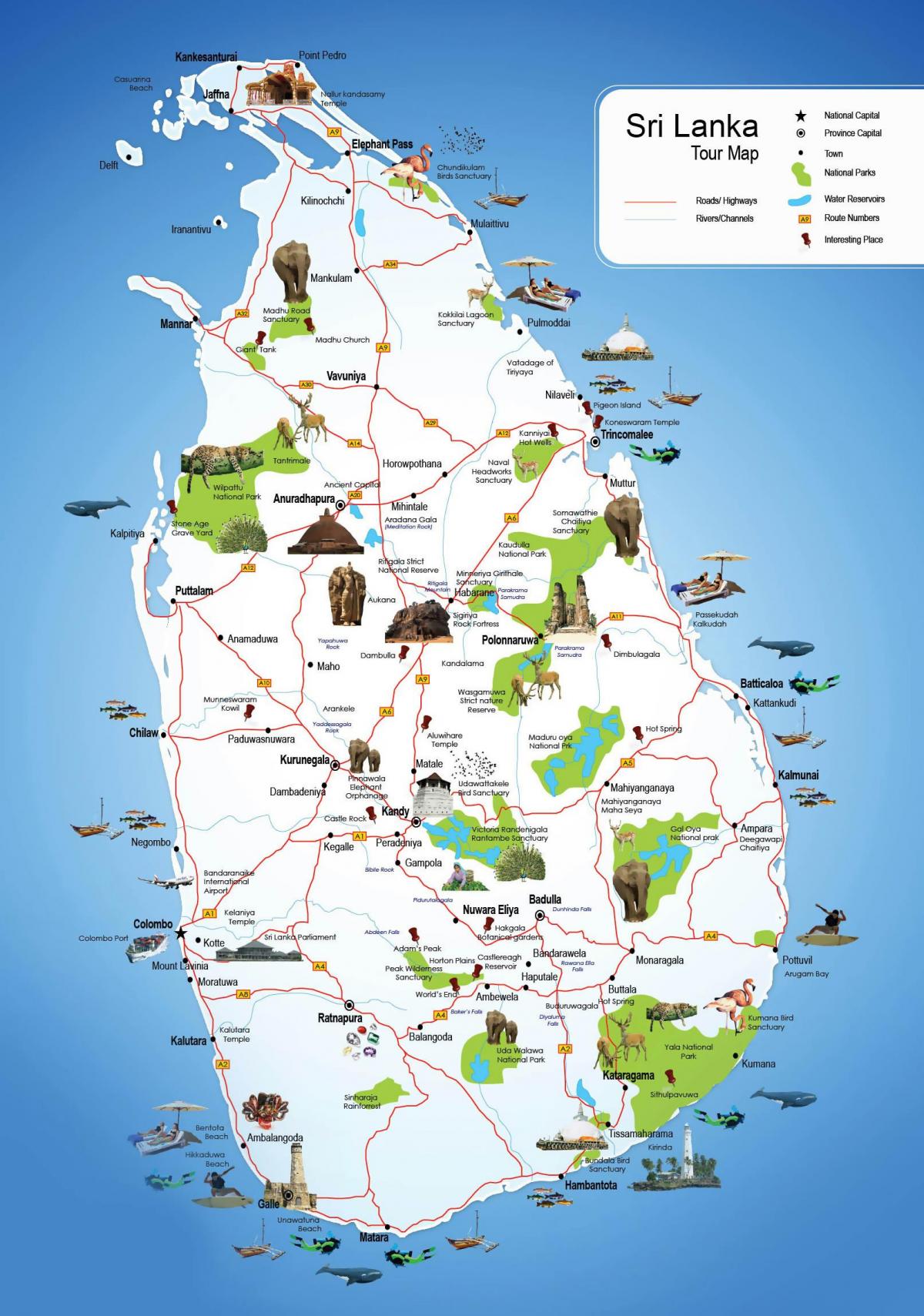 a turisztikai helyeken a Srí Lanka-i térkép
